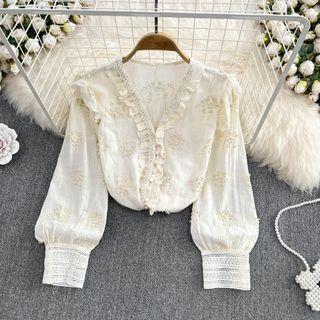 Long Sleeve V-neck Lace Embroidered Blouse