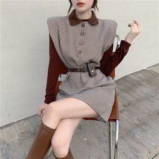 Collared Long Sleeve Plain Top / Padded-shoulder Houndstooth Sleeveless Dress With Belt Bag