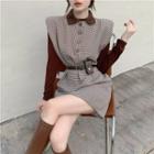 Collared Long Sleeve Plain Top / Padded-shoulder Houndstooth Sleeveless Dress With Belt Bag
