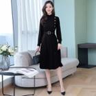 Long-sleeve Mock Neck Midi A-line Pleated Dress
