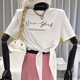 Tie-waist Lettering Elbow-sleeve T-shirt