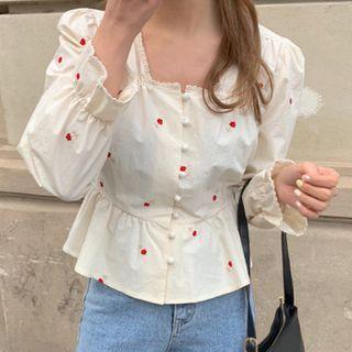 Short-sleeve Floral Embroidered Buttoned Crop Top