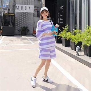 Set: Dip-back Stripe T-shirt + Band-waist Shorts