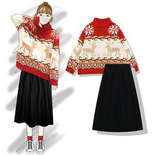Turtleneck Jacquard Sweater / Midi A-line Skirt