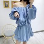Off-shoulder Puff-sleeve Blouse / A-line Layered Skirt