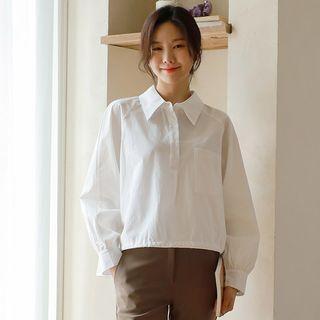 Raglan Drawstring-hem Shirred Shirt