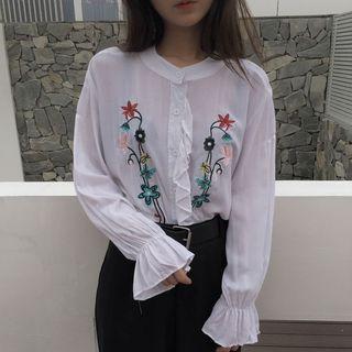 Flower Embroidered Ruffle Trim Collarless Shirt