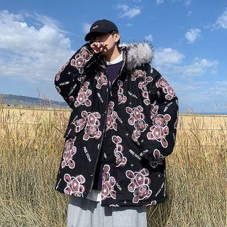 Long-sleeve Furry Trim Bear Printed Long Jacket