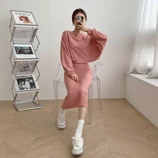 Set: Dolman-sleeve Cropped Top + Midi Skirt