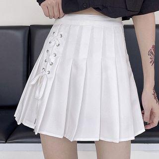 High-waist Lace-up Pleated Mini A-line Skirt