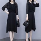 Set: Long-sleeve Twist-front Knit Top + Sleeveless A-line Dress