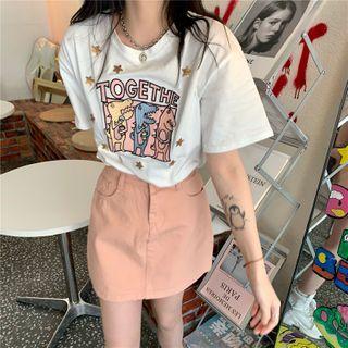 Short-sleeve Cartoon Print T-shirt / High-waist Plain Denim Skirt