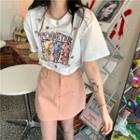 Short-sleeve Cartoon Print T-shirt / High-waist Plain Denim Skirt