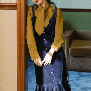 Set: Tie Neck Blouse + Jumper Midi Dress