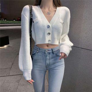 Long-sleeve Cropped Rhinestone Cardigan