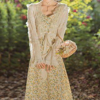 Spaghetti Strap Floral Print Midi A-line Dress / Tie-front Cardigan / Set