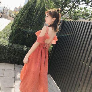Striped Open Back A-line Midi Dress