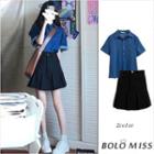 Short-sleeve Denim Shirt / Pleated Mini A-line Skirt