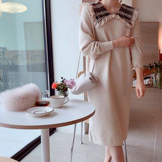 Sailor-collar Lace-trim Midi Knit Dress