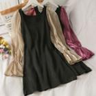 Satin-sleeve U-neck Knit Mini Dress