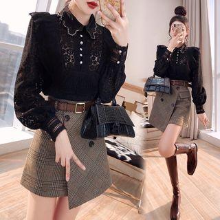 Set: Ruffle Lace Blouse + Plaid Mini A-line Skirt