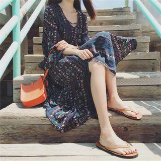 Bell-sleeve Patterned Midi A-line Dress