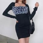 Long-sleeve Fluffy Leopard Print Panel Mini Sheath Dress
