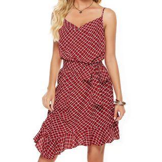 Spaghetti Strap Check Ruffled Dress