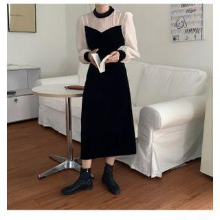 Two-tone Long-sleeve Midi A-line Dress Black - One Size