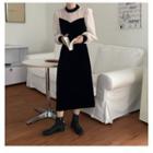 Two-tone Long-sleeve Midi A-line Dress Black - One Size