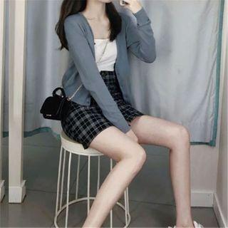 Set: Plain V-neck Cardigan + Camisole + Plaid Mini A-line Skirt