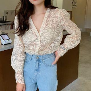 Long-sleeve Embroidered Lace V-neck Blouse Beige - One Size