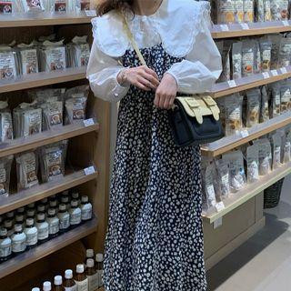 Long-sleeve Wide-collar Lace Trim Blouse / Spaghetti Strap Floral Print Midi A-line Dress