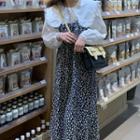 Long-sleeve Wide-collar Lace Trim Blouse / Spaghetti Strap Floral Print Midi A-line Dress