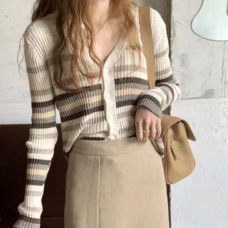 V-neck Striped Button-up Cardigan Almond - One Size