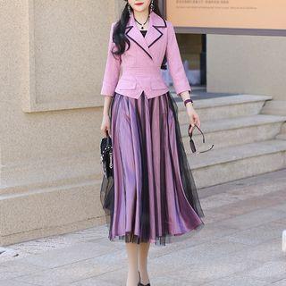 3/4-sleeve Mesh Overlay Midi Mock Two-piece Dress
