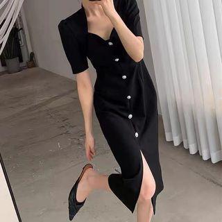 Short-sleeve Sweetheart Neck Midi Sheath Dress