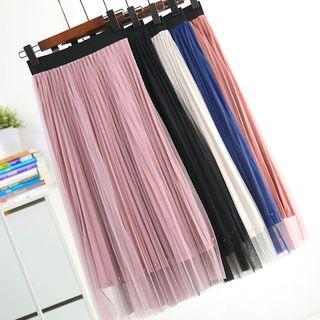 Faux-pearl Detail Mesh Overlay Pleated Skirt