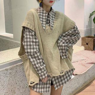 Set : Plaid Long-sleeve Shirt + V-neck Vest