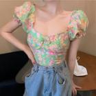 Short-sleeve Floral Print Chiffon Top With Hair Tie - As Shown In Figure - One Size