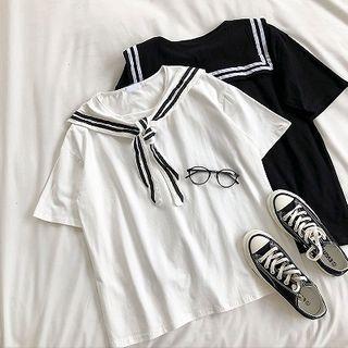 Color-block Trim Lace-up Short-sleeve T-shirt