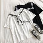 Color-block Trim Lace-up Short-sleeve T-shirt
