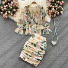 Set Of 2 : V-neck Ruffle Long-sleeve Top + Floral Print Skirt
