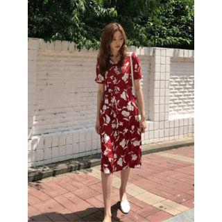 Tie-waist Floral Pattern Midi Dress
