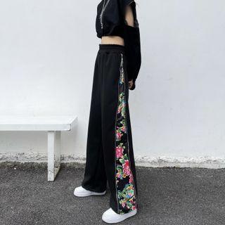 Floral Panel Zip-side Wide-leg Pants