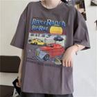 Elbow-sleeve Cars Print T-shirt