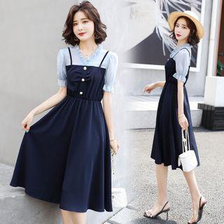 Short Sleeve Frill Trim Mock Two Piece A-line Dress