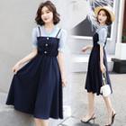 Short Sleeve Frill Trim Mock Two Piece A-line Dress