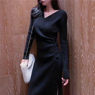 V-neck Drawstring Midi Knit Dress