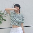 Short-sleeve Knot-front Striped Crop Top